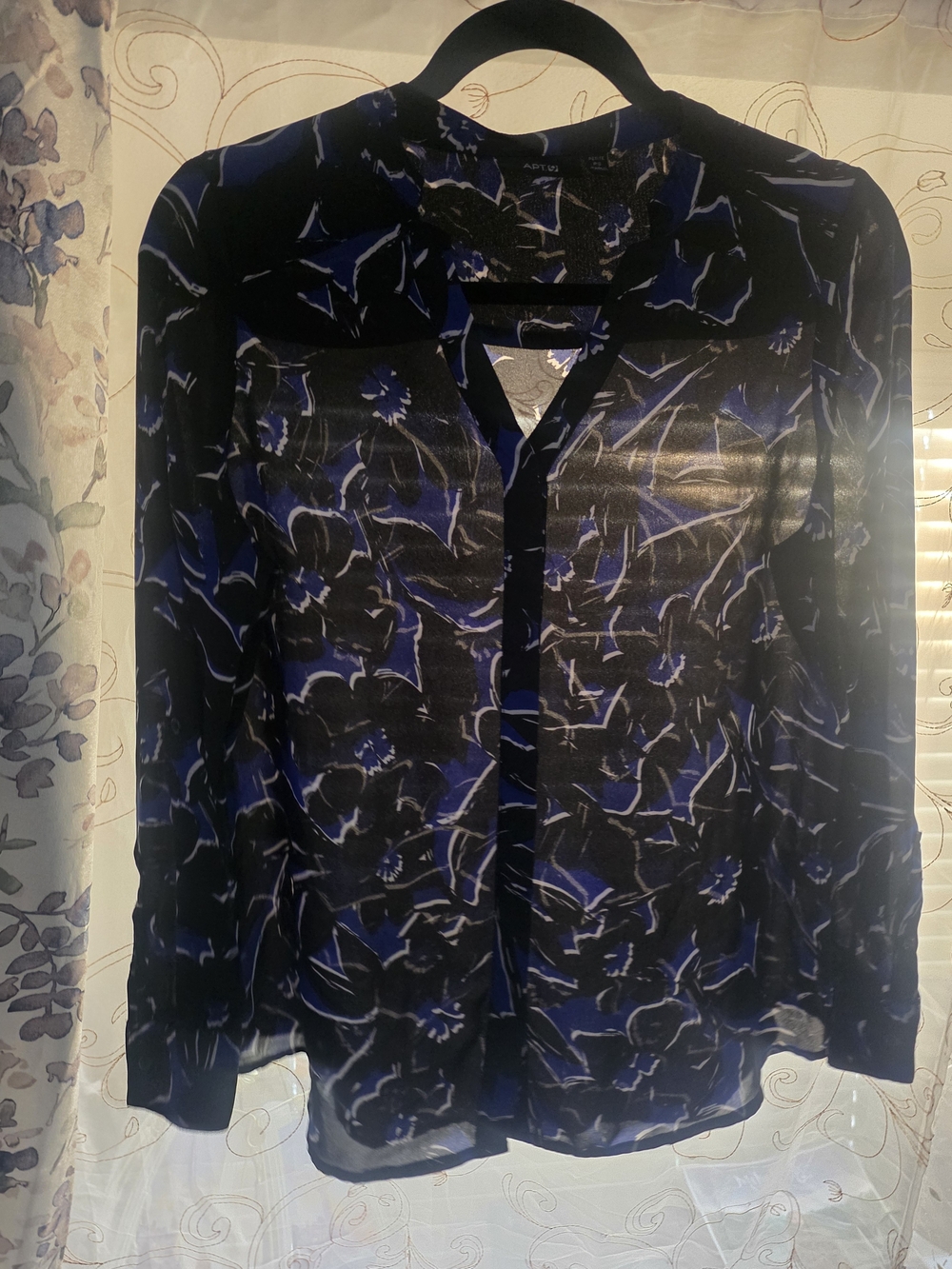 Apt. 9 Black Blouse with Royal Blue and White Floral Print
